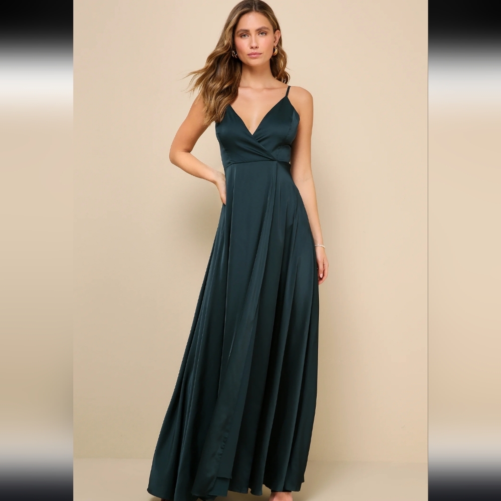 Lulus Ode To Love Emerald Green Satin Maxi Dress S